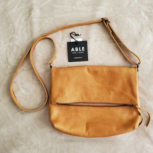 Able Emnet foldover crossbody Cognac leather shoulder bag removable strap clutch